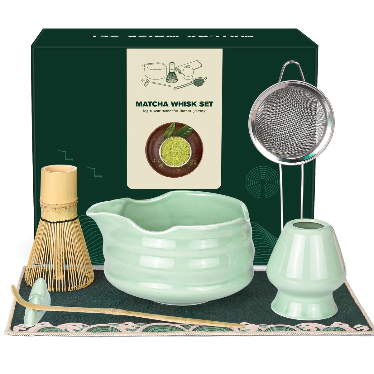 Matcha Besen Set Matcha Kit: 7 Stück Matcha Set mit Matcha Schale, Matcha Besen, Matcha Besenhalter, Schaufel, Sieb, Japanische Teezeremonie, Matcha Tea Set, Geschenk für Matcha Teeliebhaber (Grün)