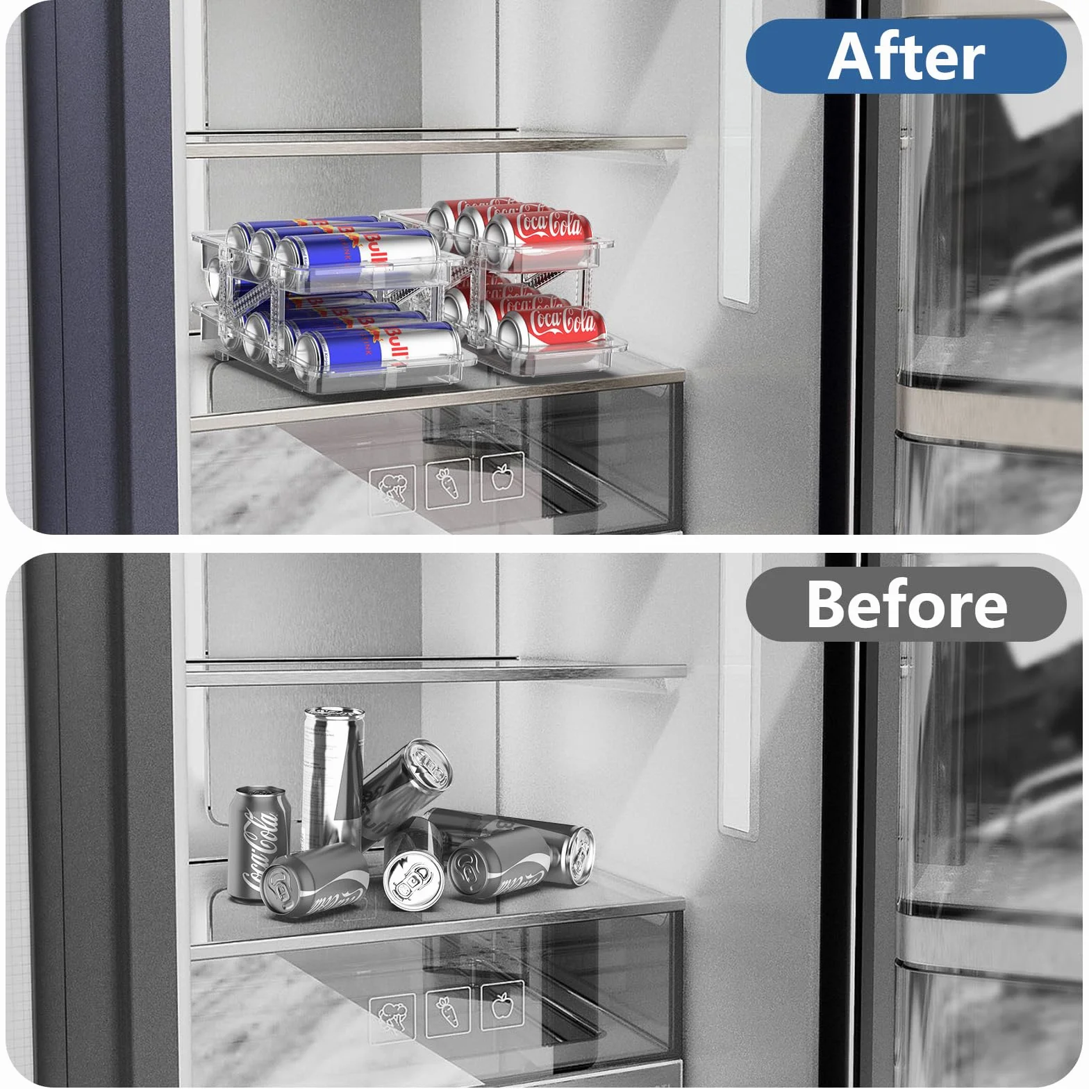 Einstellbar Kühlschrank Organizer Dosen, Doppelschicht Dosenspender Verstellbarer Breite Dosenhalter Kühlschrank für 250ml/330ml/1L Getränkedosen Bier Sprudel Soda - Transparent