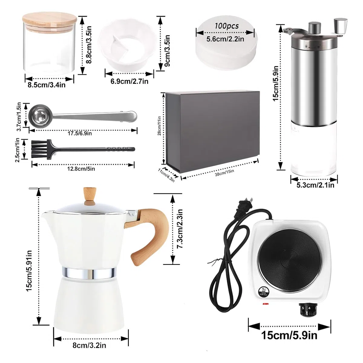 OKYUK 7 in 1 Espressokocher Set, Aluminium Espressokocher für die Herdplatte für 3 Tassen 150 ml, Elektroherd, Espressomaschine für Cappuccino, Latte, Mokka, für Reisen oder Camping (Weiß)