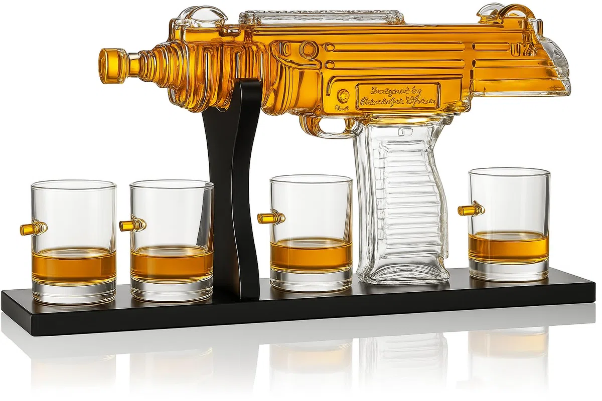 Uzi Submachine Gun Whiskey Gun Decanter and 4 Liquor Glasses - Decanter & Glass Set - Gun Gifts for Men - Whiskey Decanter Set - Bourbon & Scotch Decanter - Firearm Shooting Gifts for Dad
