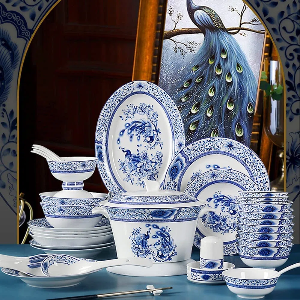 Traditionelles Chinesisches Geschirrset, 56-Teilig, Blau-Weißes Porzellan, Bestehend Aus Tellern, Schüsseln Und Untertassen, Für 6-10 Personen