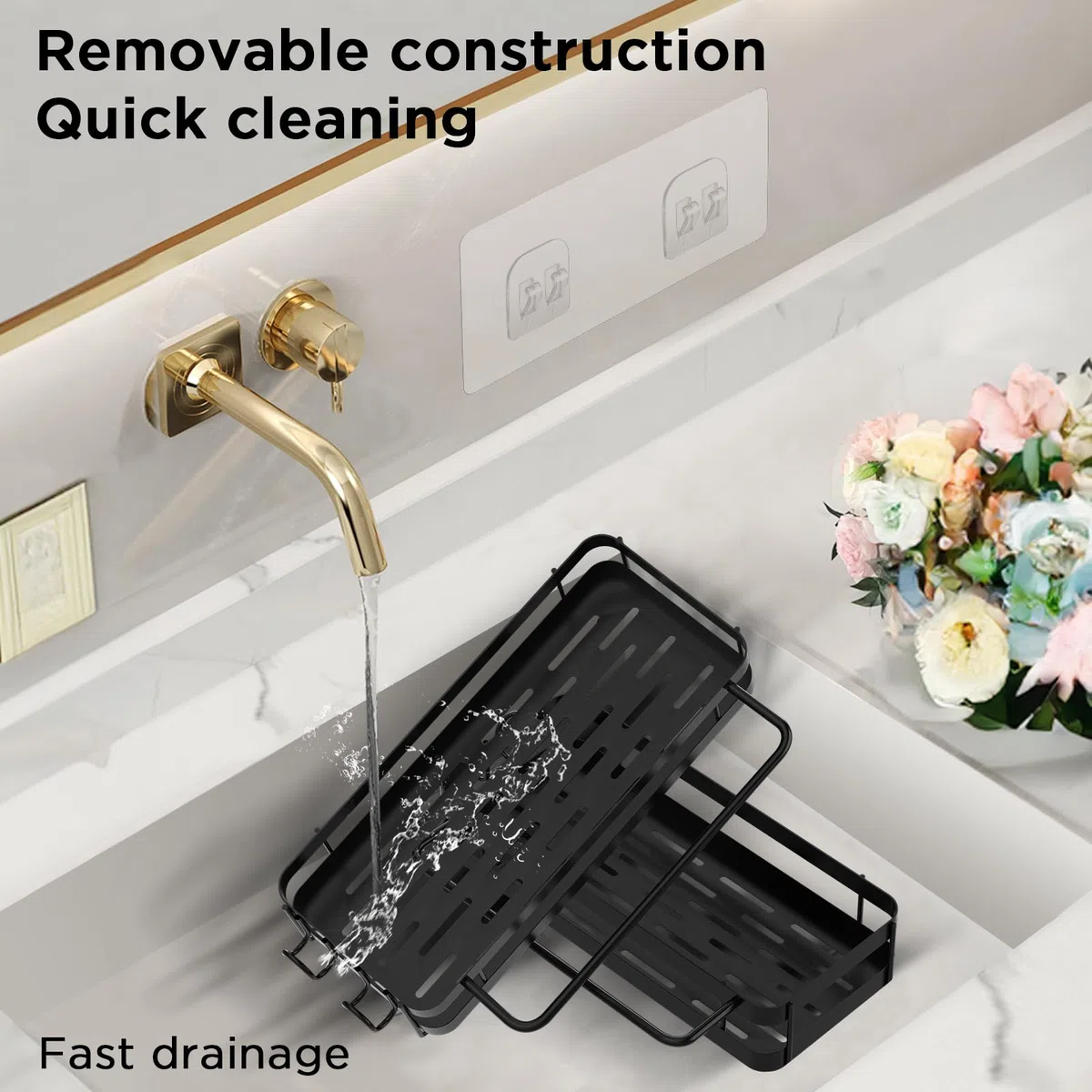 Spülbecken Organizer Küche Schwammhalter, Küchen Spüle Organizer mit Spültuchhalter und Zwei Haken, Metalle Hängender Kitchen Badezimmer Organizer Schwarz - ohne Bohren