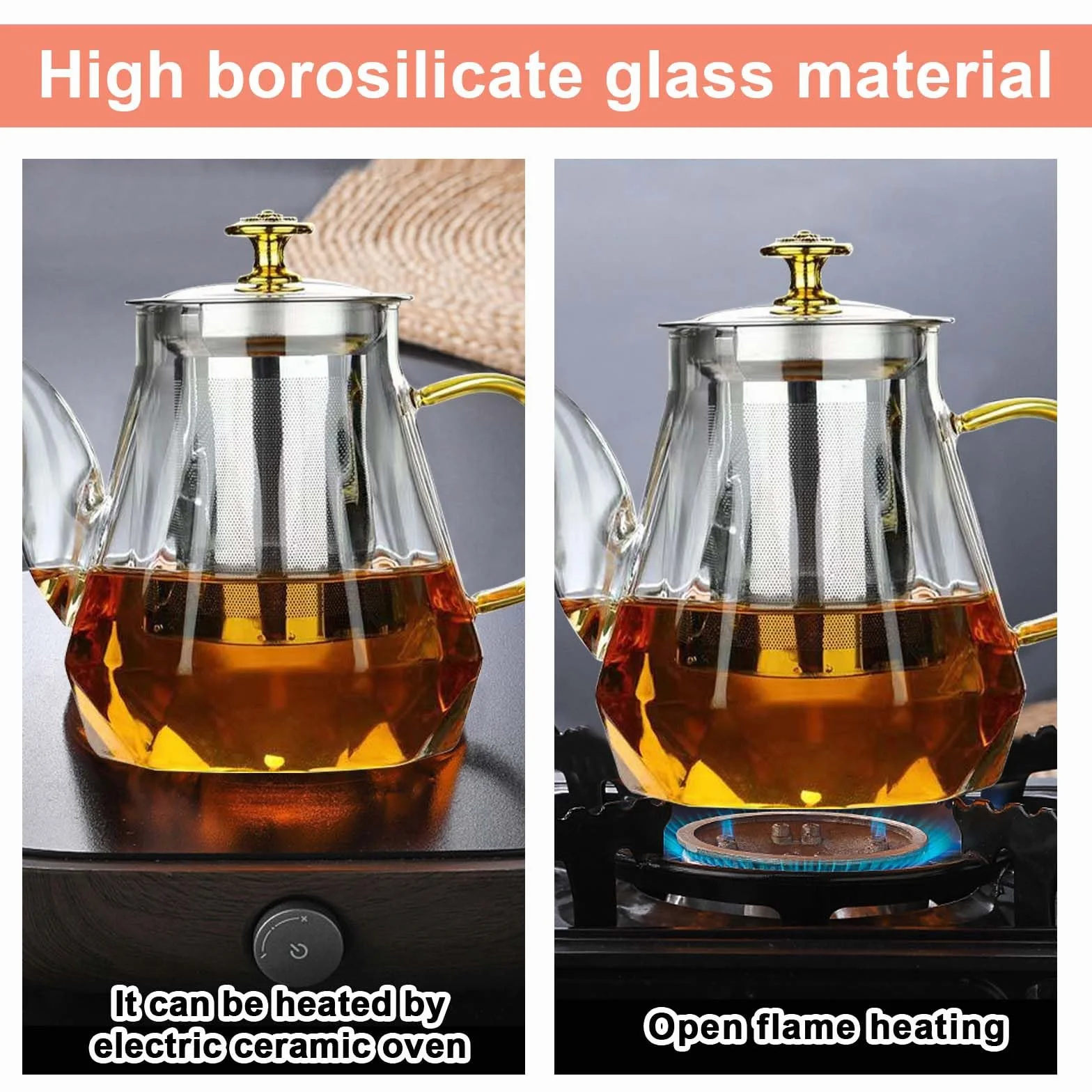 Teekanne Glas, 1L Teekanne mit Siebeinsatz, Borosilikatglas Teeservice Überhitzungsschutz, Tee-Ei für lose Blätter Teekanne, Glasteekanne zur Zubereitung von Tee, Blumentee, Kräutertee und Teebeuteln
