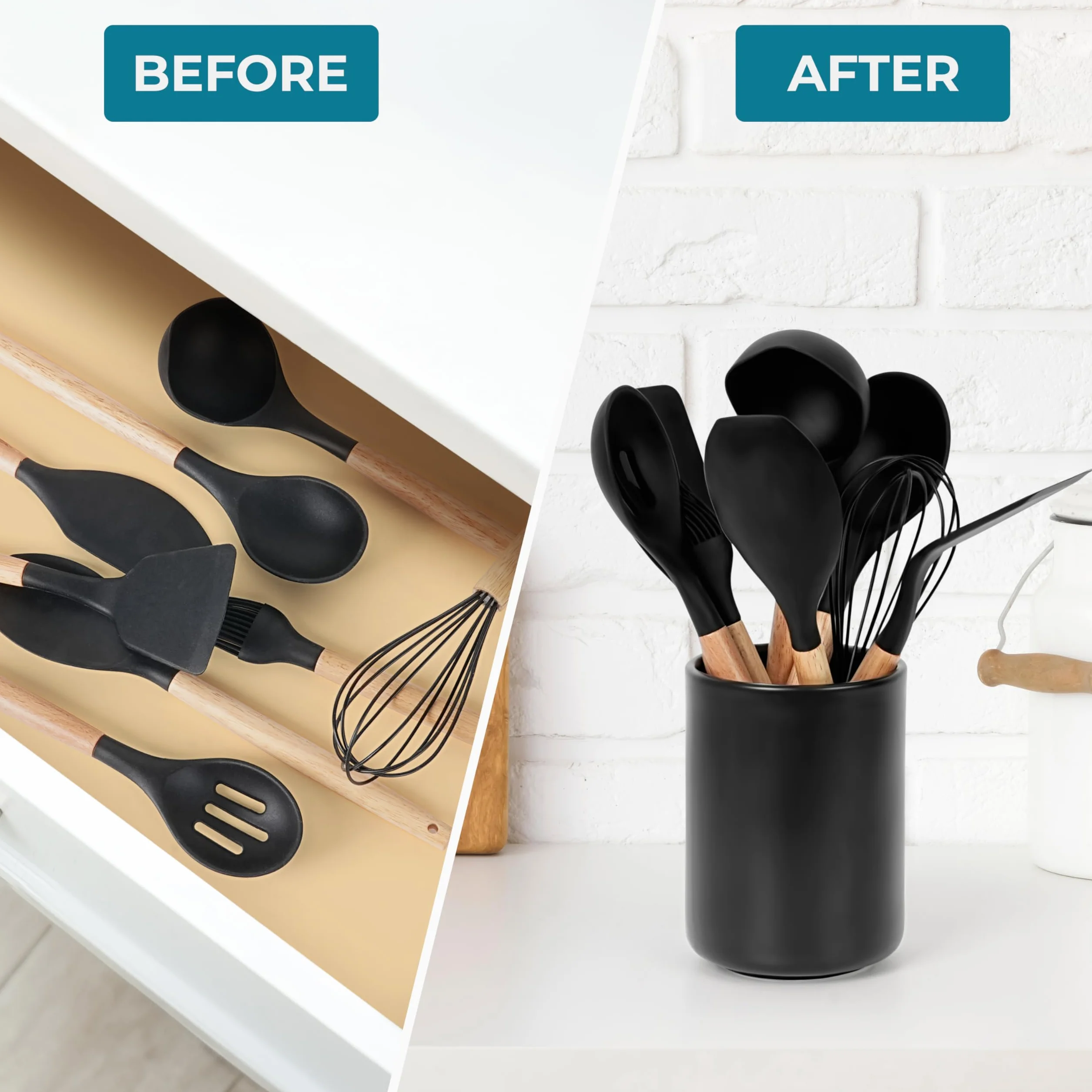 Winter Shore Großer Utensilienhalter Küche - Küchenhelfer Aufbewahrung aus Keramik - Aufbewahrung Küchenutensilien - Besteck Organizer Stehend aus Porzellan - Küchenutensilienhalter Schwarz für Theke