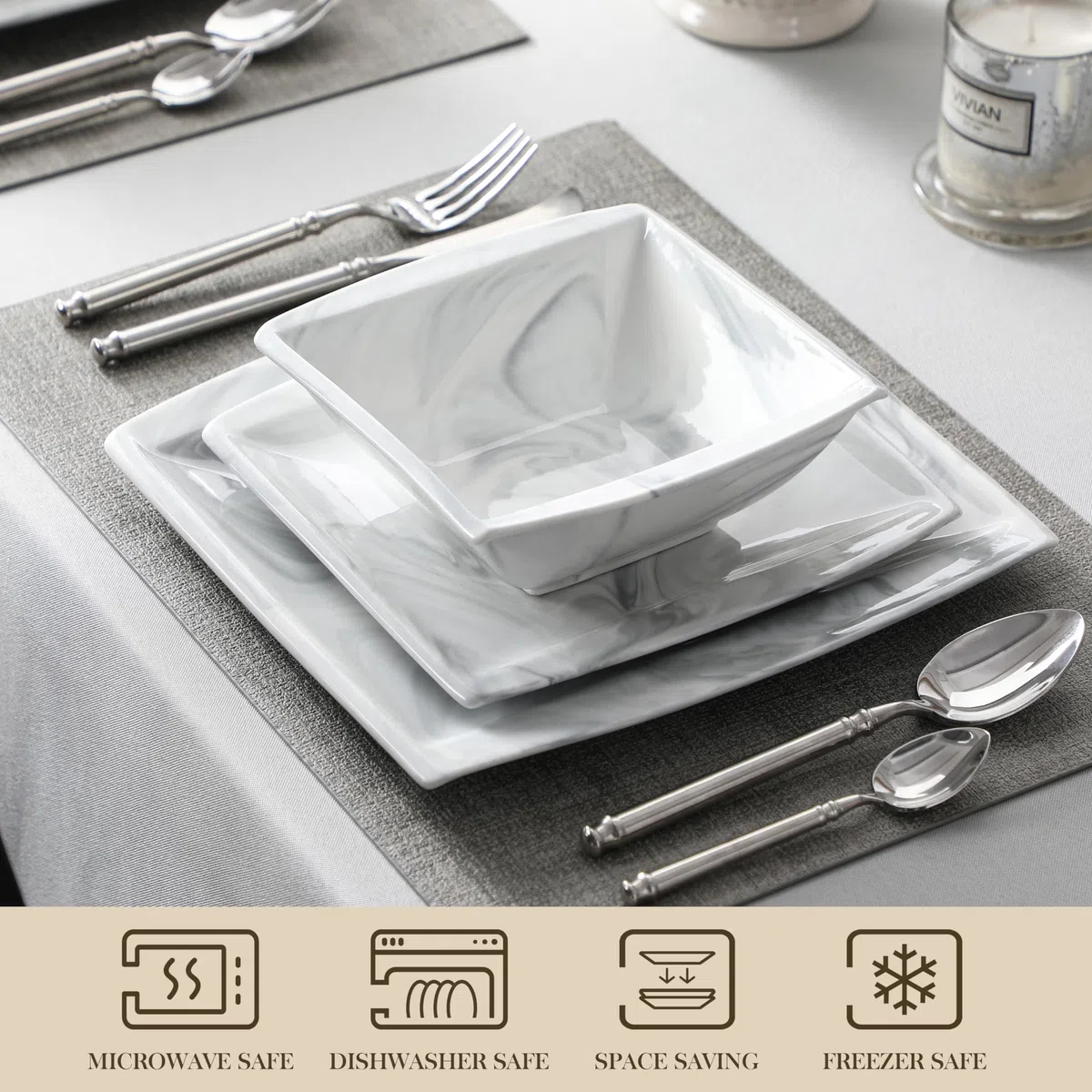 MALACASA Teller und Schüssel-Sets, 12-teiliges Porzellan-Geschirr-Set für 4, quadratische Teller und Schalen für Dessert, Salat und Suppe, Keramikgeschirr, Essgeschirr-Set, Marmorgrau, Serie Blance