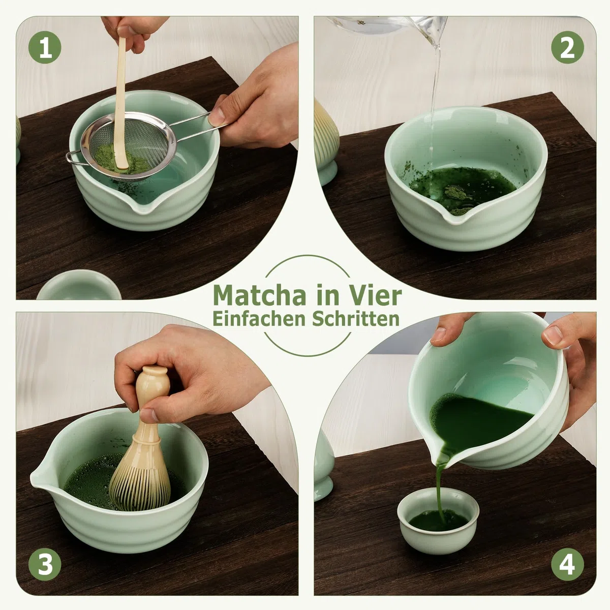 Zingbee Matcha Set 9-Teiliges Matcha Schale mit Ausgieße Matcha Besen Set inklusive Matcha Whisk*1 Matcha Besen Halter*1 Matcha Sieb*1 Matcha Löffel*2 Matcha Tasse*2 matcha set grün