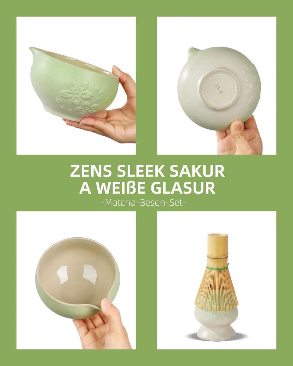 ZENS Matcha Set mit Matchabesen, Japanisches Matcha-Teeservice mit Matcha Schale, Besenhalter, Matcha-Pulversieb und Löffel & Teetuch, Geschenk für Matcha-Liebhaber, Grün