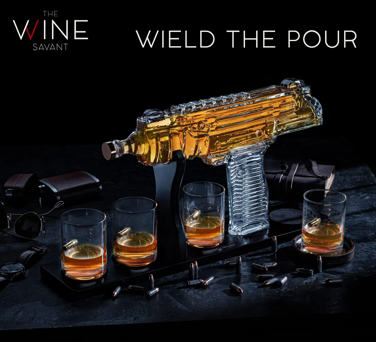 Uzi Submachine Gun Whiskey Gun Decanter and 4 Liquor Glasses - Decanter & Glass Set - Gun Gifts for Men - Whiskey Decanter Set - Bourbon & Scotch Decanter - Firearm Shooting Gifts for Dad