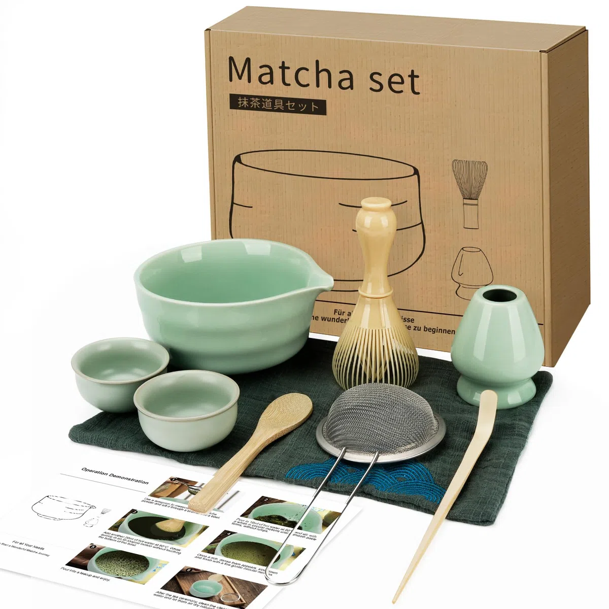 Zingbee Matcha Set 9-Teiliges Matcha Schale mit Ausgieße Matcha Besen Set inklusive Matcha Whisk*1 Matcha Besen Halter*1 Matcha Sieb*1 Matcha Löffel*2 Matcha Tasse*2 matcha set grün