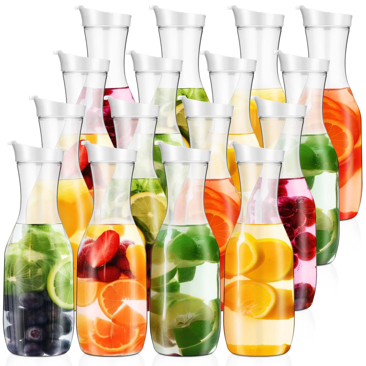 Skylety Transparente Wasserkaraffe mit Klappdeckel, Kunststoff, Saftbehälter, Mimose, Barzubehör, Getränkekrug für Wasser, Saft, Eistee, Milch, Limonade und andere Getränke, Weiß, 16 Stück