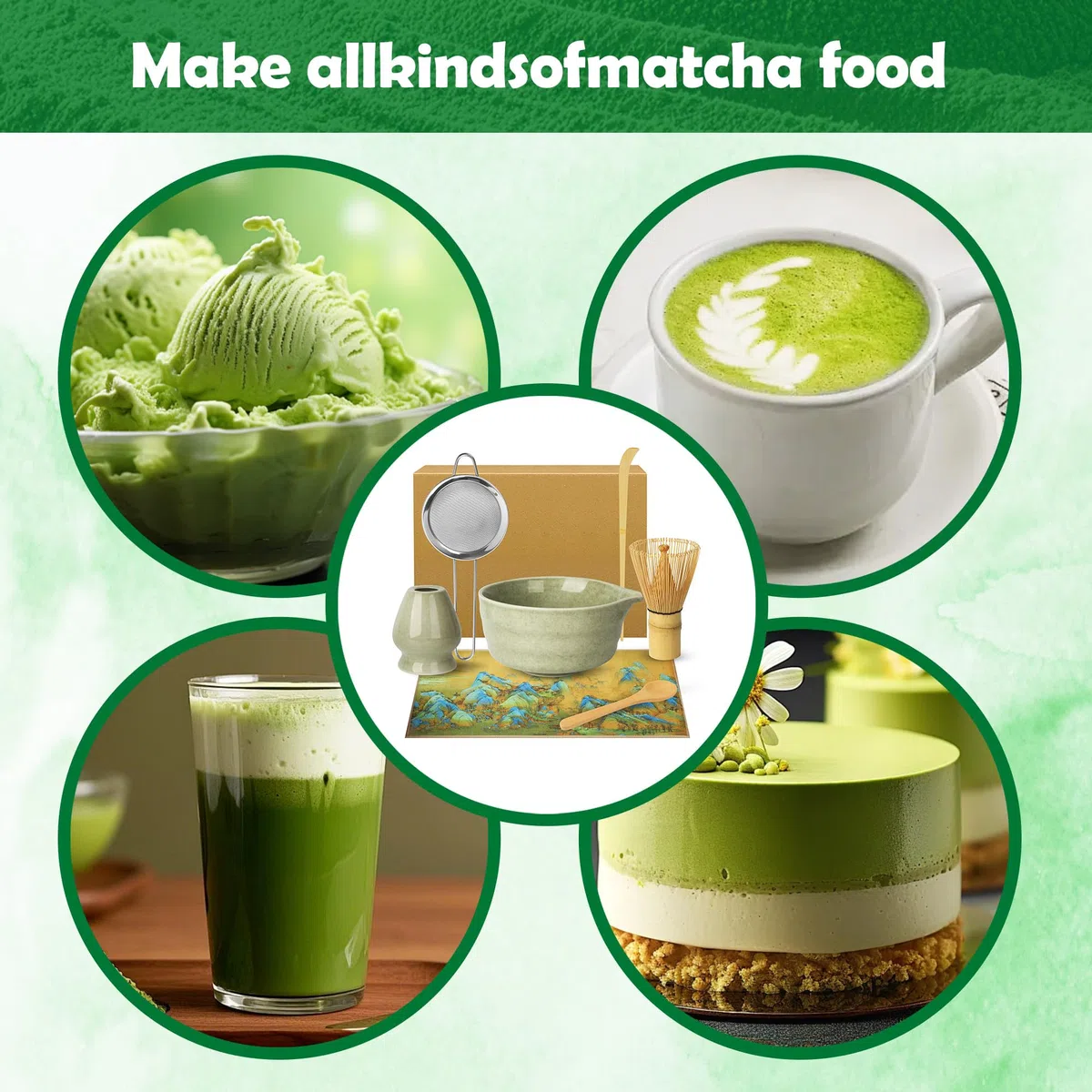 Matcha Set - Matcha Tea Set 7 Piece Matcha Besen Set, Matcha Zubehör - Matcha Set für Einsteiger - Stylisches Matchas Set Matcha-Besen,Matcha Filtersieb,Matcha-Schale, Chasen, Tuch und Matcha Löffel