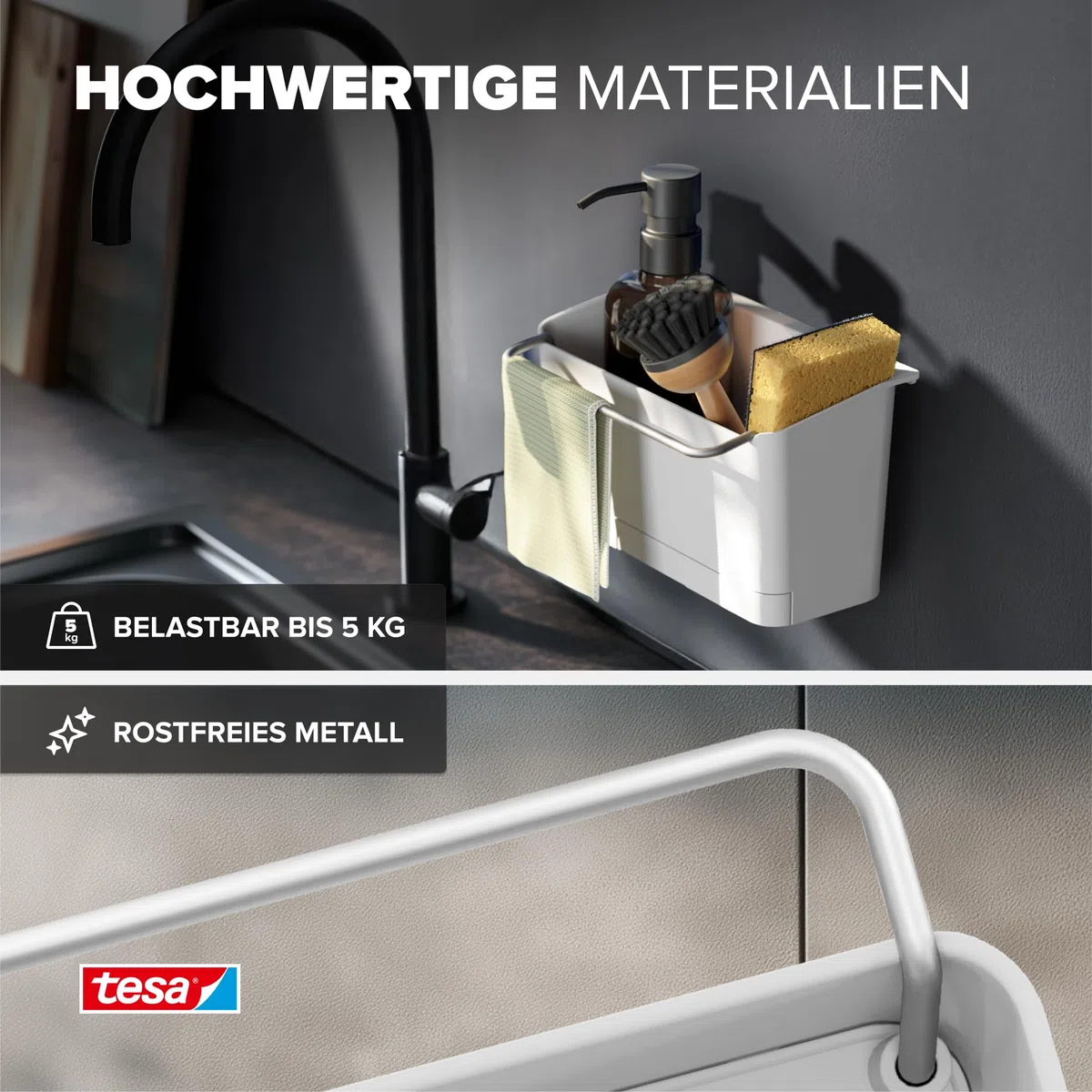 tesa Spülbecken-Organizer zum Kleben ohne Bohren – Schwammhalter Küche,Spülbürstenhalter & Spültuchhalter Spülbürste, Schwamm und Spüllappen - schmal – modernes Küchenzubehör Wandmontage – Weiß