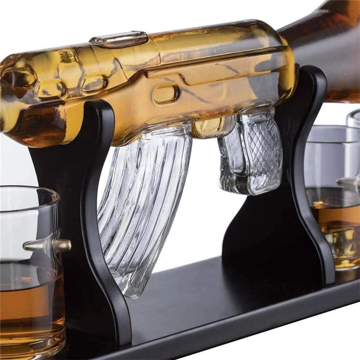 1000ml Big Pistol Whisky Dekanter Set mit 4 Bullet Cups, Home Bar Glaswaren für Wodka, Rum, Tequila, inklusive Holzsockel, sicheres Paket