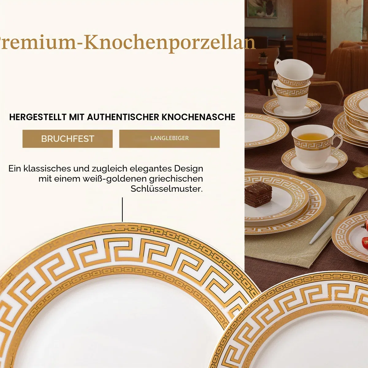 Joseph Sedgh Collection 20-teiliges Geschirrset aus Knochenporzellan, Service für 4 Personen, weißer und goldener griechischer Schlüssel