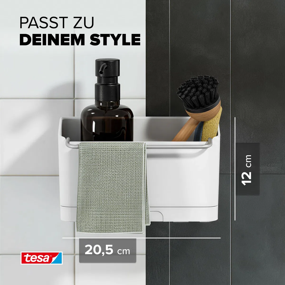 tesa Spülbecken-Organizer zum Kleben ohne Bohren – Schwammhalter Küche,Spülbürstenhalter & Spültuchhalter Spülbürste, Schwamm und Spüllappen - schmal – modernes Küchenzubehör Wandmontage – Weiß