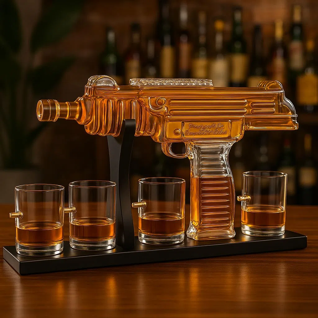 Uzi Submachine Gun Whiskey Gun Decanter and 4 Liquor Glasses - Decanter & Glass Set - Gun Gifts for Men - Whiskey Decanter Set - Bourbon & Scotch Decanter - Firearm Shooting Gifts for Dad