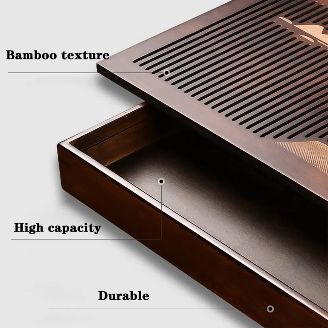 Chinesisches Kongfu Teetablett aus Bambus, multifunktionales Premium-Teetablett mit Box Reservoir & Drainage-Typ für Teehaus – einfaches Design
