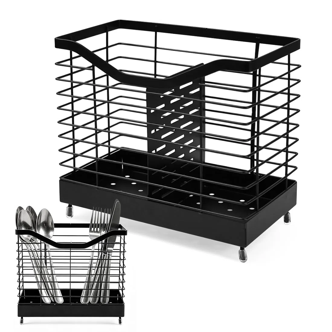 2 Fächer Küchenutensilienhalter Utensilienhalter Schwarz Halter für Küchenutensilien Organizer Metall 20x19x11cm Besteckhalter mit Ablaufboden Besteckkorb Utensilien Caddy für Arbeitsplatte