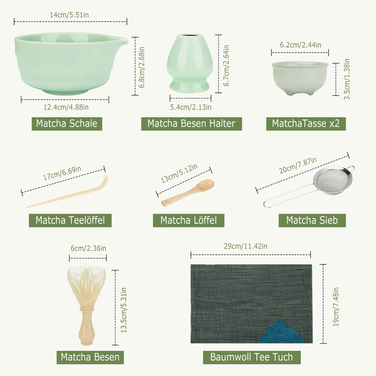 Zingbee Matcha Set 9-Teiliges Matcha Schale mit Ausgieße Matcha Besen Set inklusive Matcha Whisk*1 Matcha Besen Halter*1 Matcha Sieb*1 Matcha Löffel*2 Matcha Tasse*2 matcha set grün