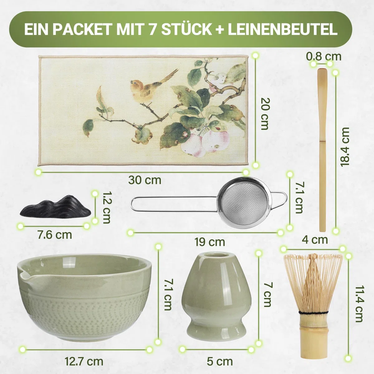 G&G Matcha Set 7-teilig mit Matcha Schale, Bambusbesen, Sieb & Besenhalter – Japanisches Matcha Tee Set für Anfänger, Matcha Zubehör in Geschenkbox, Chasen, Chashaku & Chawan, Hellgrün