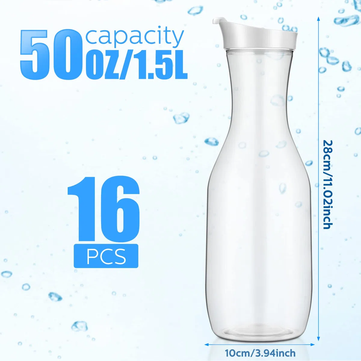 Skylety Transparente Wasserkaraffe mit Klappdeckel, Kunststoff, Saftbehälter, Mimose, Barzubehör, Getränkekrug für Wasser, Saft, Eistee, Milch, Limonade und andere Getränke, Weiß, 16 Stück