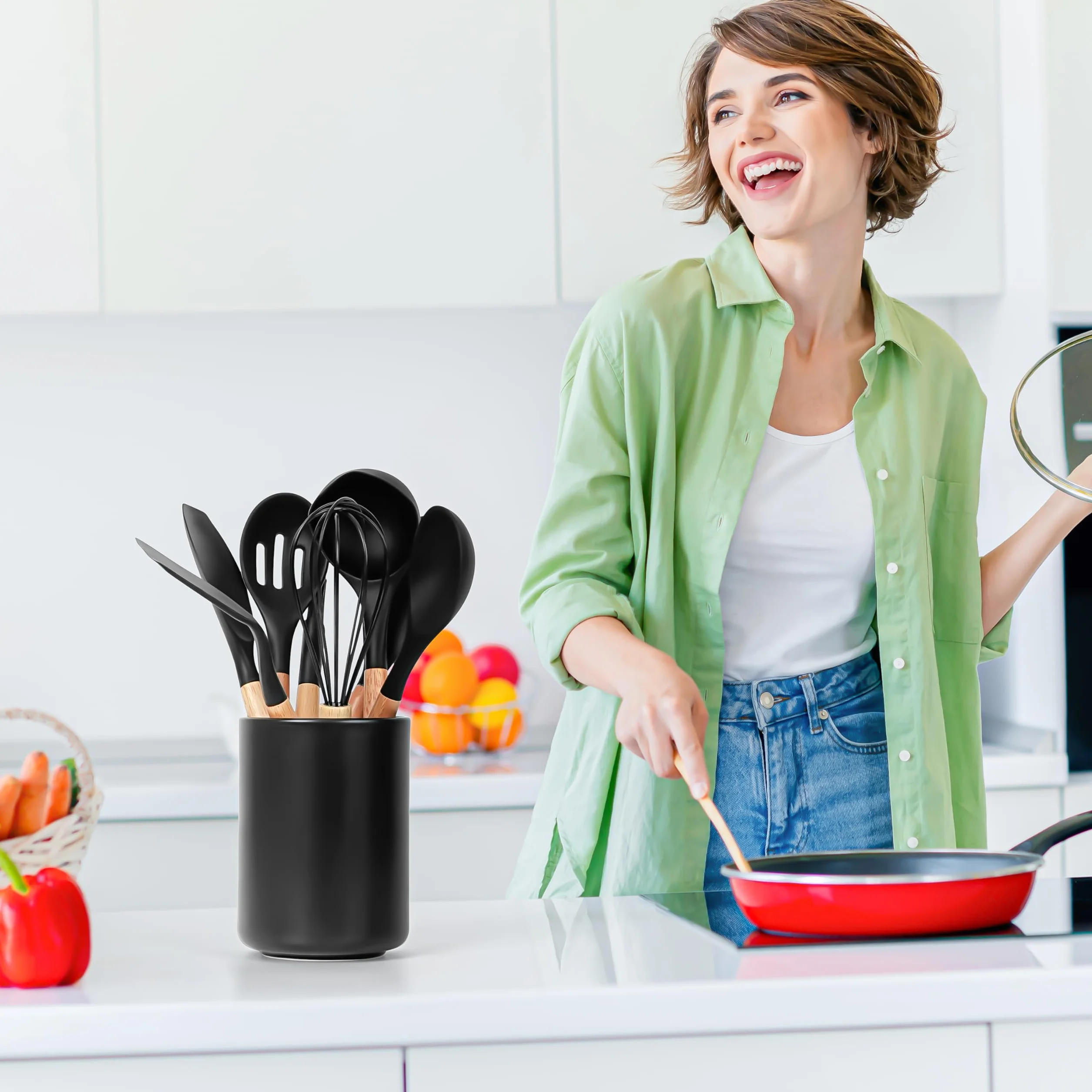 Winter Shore Großer Utensilienhalter Küche - Küchenhelfer Aufbewahrung aus Keramik - Aufbewahrung Küchenutensilien - Besteck Organizer Stehend aus Porzellan - Küchenutensilienhalter Schwarz für Theke