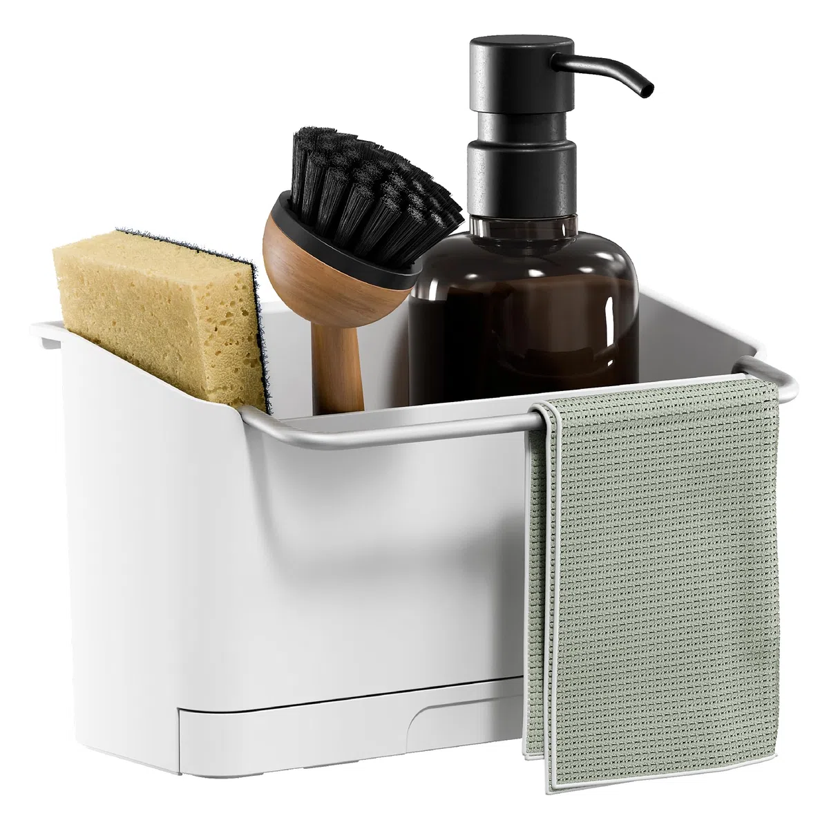 tesa Spülbecken-Organizer zum Kleben ohne Bohren – Schwammhalter Küche,Spülbürstenhalter & Spültuchhalter Spülbürste, Schwamm und Spüllappen - schmal – modernes Küchenzubehör Wandmontage – Weiß