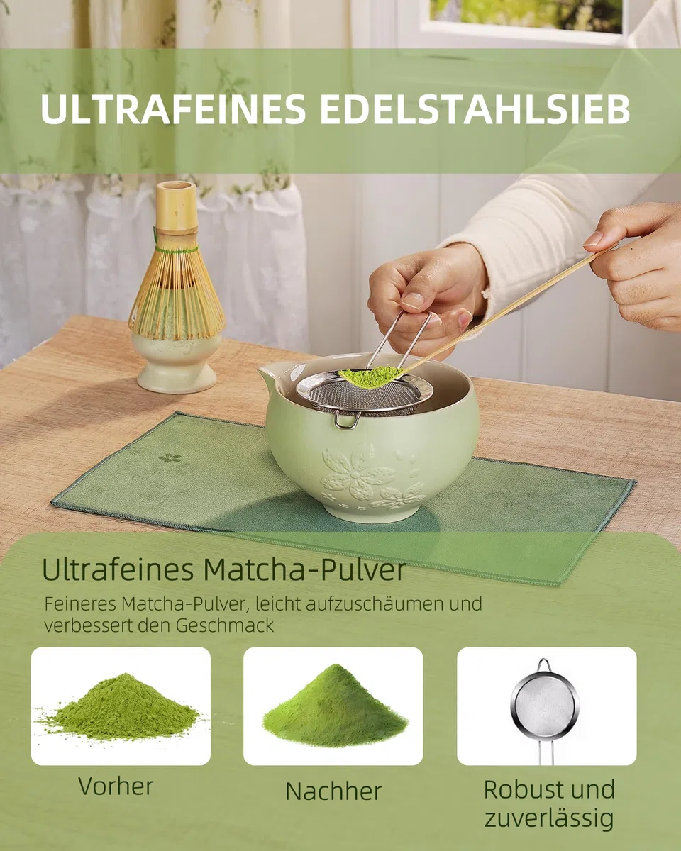 ZENS Matcha Set mit Matchabesen, Japanisches Matcha-Teeservice mit Matcha Schale, Besenhalter, Matcha-Pulversieb und Löffel & Teetuch, Geschenk für Matcha-Liebhaber, Grün
