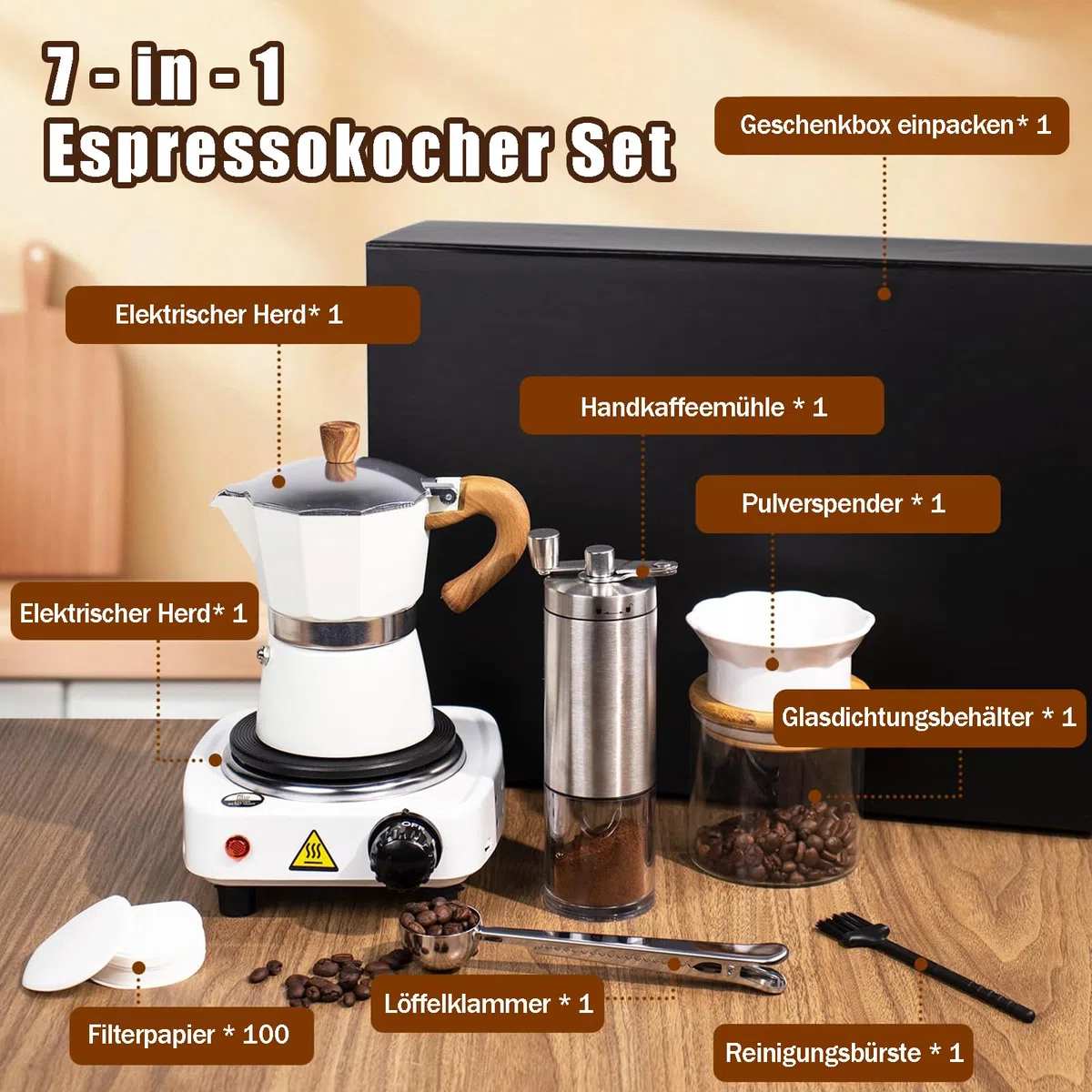 OKYUK 7 in 1 Espressokocher Set, Aluminium Espressokocher für die Herdplatte für 3 Tassen 150 ml, Elektroherd, Espressomaschine für Cappuccino, Latte, Mokka, für Reisen oder Camping (Weiß)