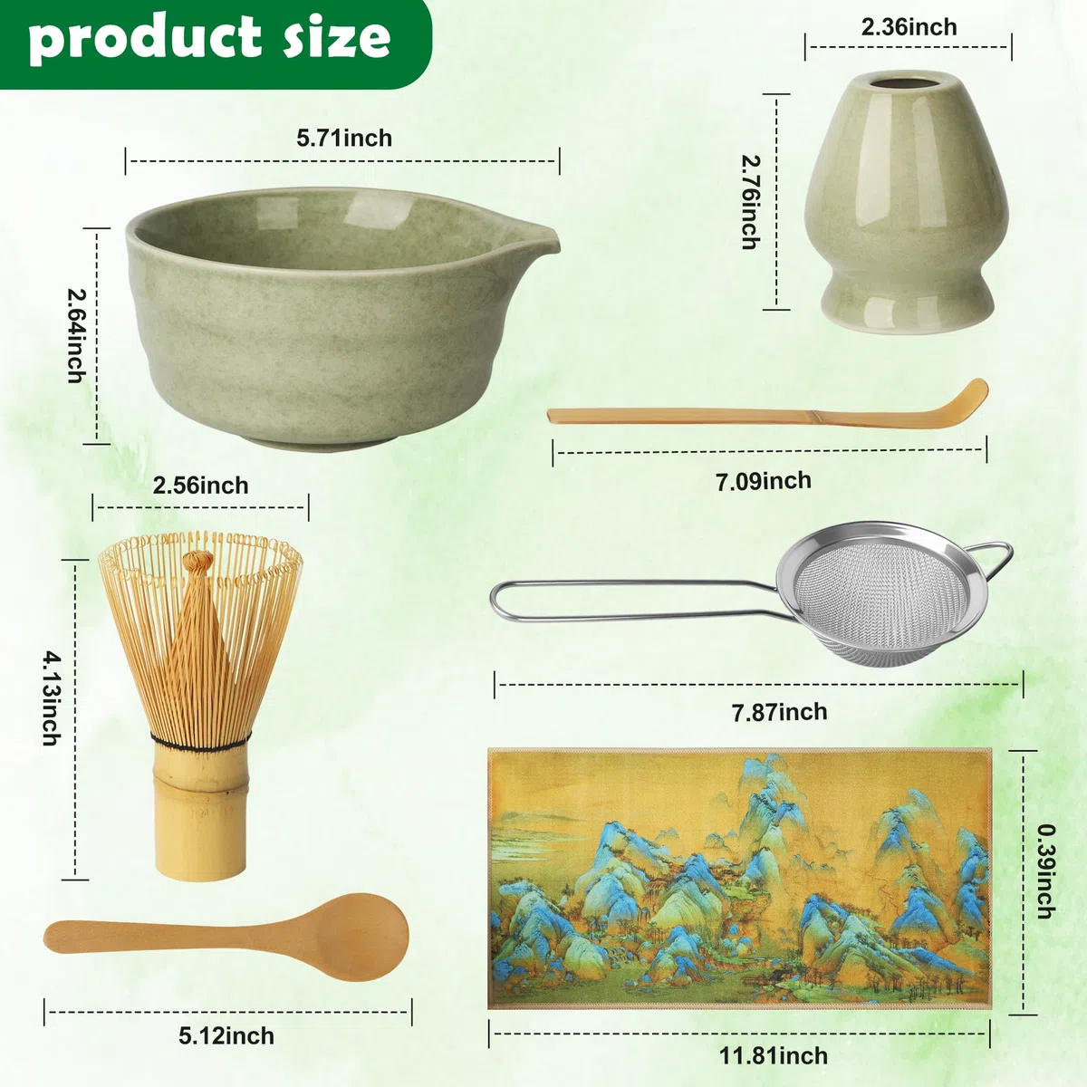 Matcha Set - Matcha Tea Set 7 Piece Matcha Besen Set, Matcha Zubehör - Matcha Set für Einsteiger - Stylisches Matchas Set Matcha-Besen,Matcha Filtersieb,Matcha-Schale, Chasen, Tuch und Matcha Löffel