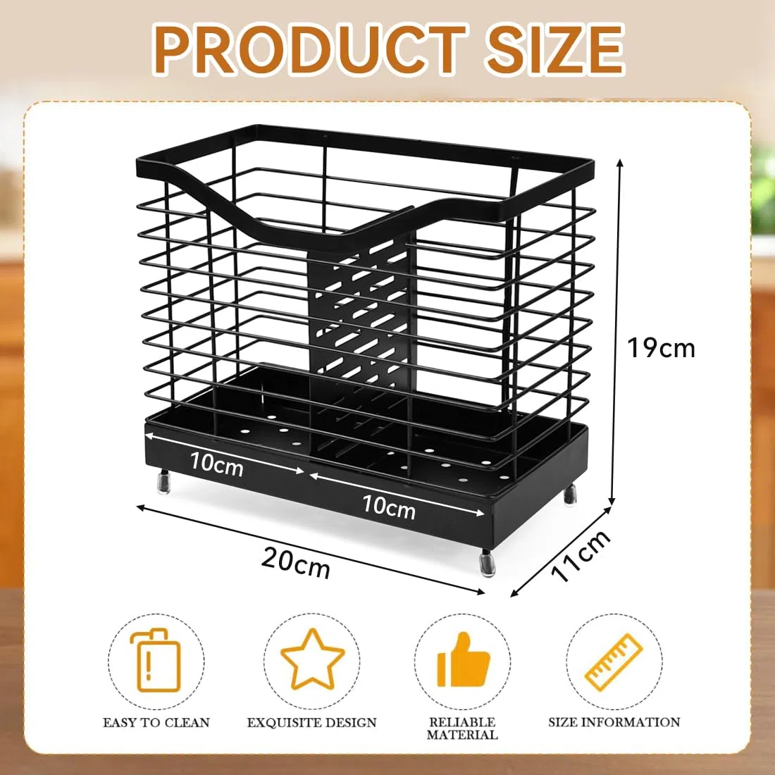 2 Fächer Küchenutensilienhalter Utensilienhalter Schwarz Halter für Küchenutensilien Organizer Metall 20x19x11cm Besteckhalter mit Ablaufboden Besteckkorb Utensilien Caddy für Arbeitsplatte