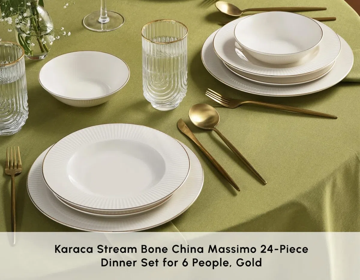 Karaca Stream Bone China Massimo Tafelservice 24-teilig für 6 Personen - eleganter Goldrand - Premium Bone China Geschirr
