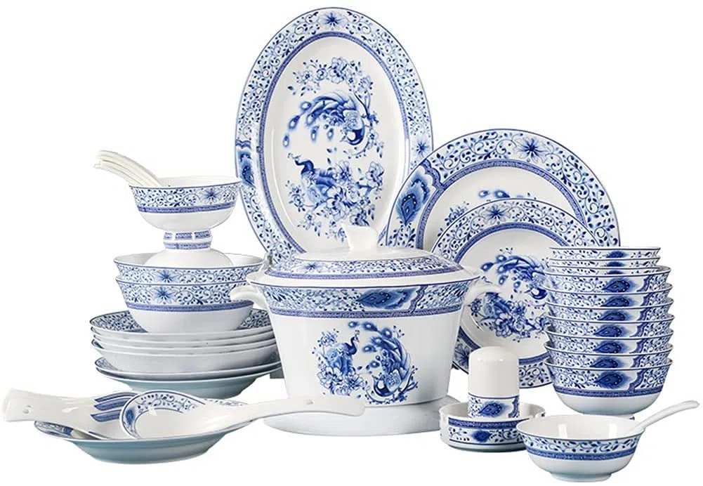 Traditionelles Chinesisches Geschirrset, 56-Teilig, Blau-Weißes Porzellan, Bestehend Aus Tellern, Schüsseln Und Untertassen, Für 6-10 Personen