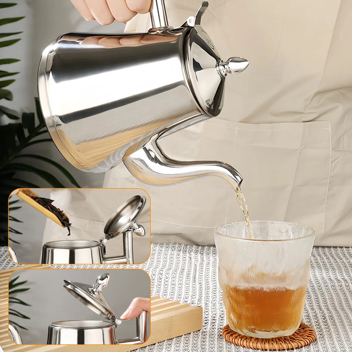 Teekanne Mit Siebeinsatz, Teekanne Edelstahl Mit Siebeinsatz, Doppelwandige Kanne Mit Deckel, Tee Kanne, Teapot, Teebereiter Für Induktionsherd Elektrischer Keramikherd Gasherd 1 L
