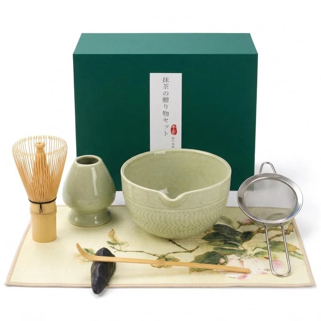 G&G Matcha Set 7-teilig mit Matcha Schale, Bambusbesen, Sieb & Besenhalter – Japanisches Matcha Tee Set für Anfänger, Matcha Zubehör in Geschenkbox, Chasen, Chashaku & Chawan, Hellgrün