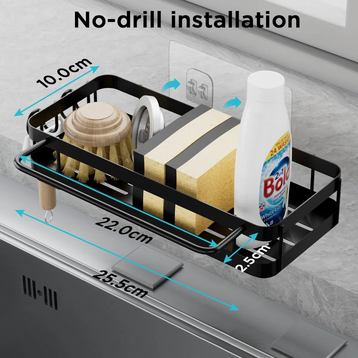 Spülbecken Organizer Küche Schwammhalter, Küchen Spüle Organizer mit Spültuchhalter und Zwei Haken, Metalle Hängender Kitchen Badezimmer Organizer Schwarz - ohne Bohren