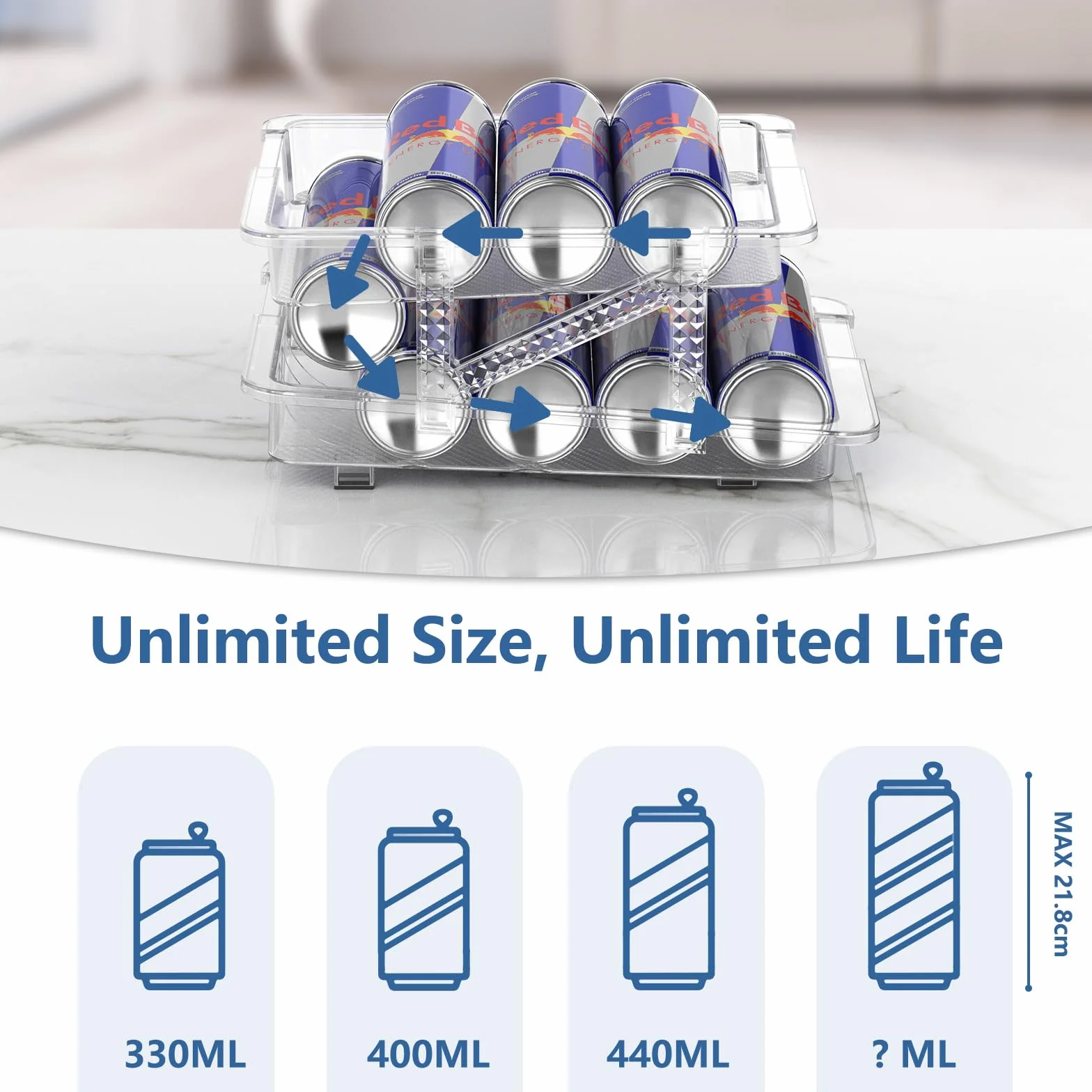 Einstellbar Kühlschrank Organizer Dosen, Doppelschicht Dosenspender Verstellbarer Breite Dosenhalter Kühlschrank für 250ml/330ml/1L Getränkedosen Bier Sprudel Soda - Transparent