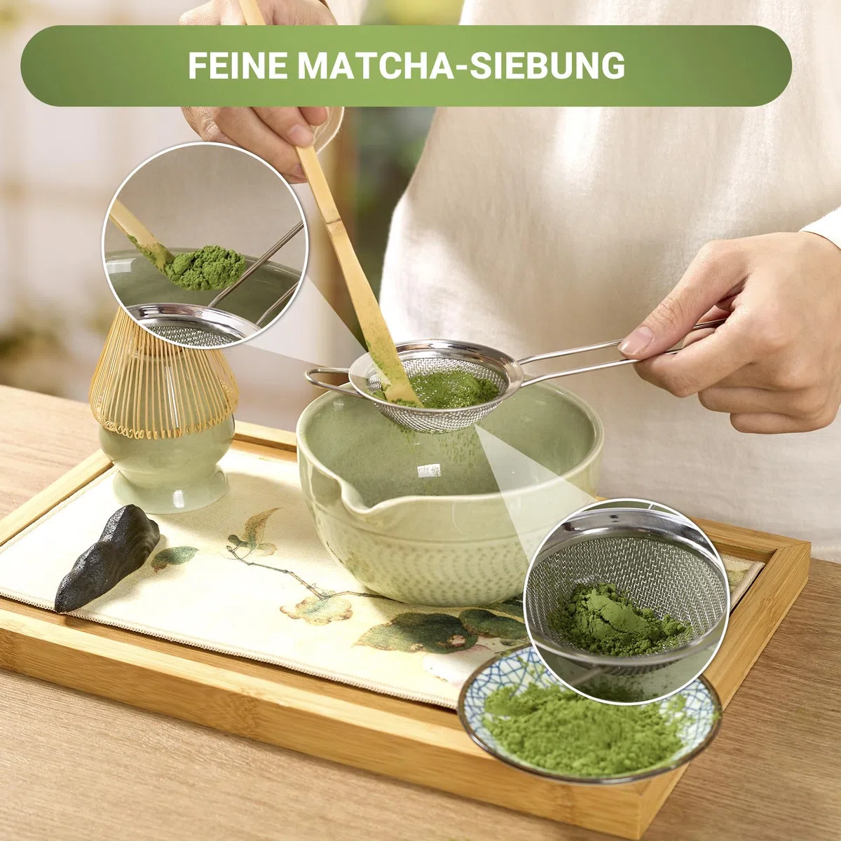 G&G Matcha Set 7-teilig mit Matcha Schale, Bambusbesen, Sieb & Besenhalter – Japanisches Matcha Tee Set für Anfänger, Matcha Zubehör in Geschenkbox, Chasen, Chashaku & Chawan, Hellgrün