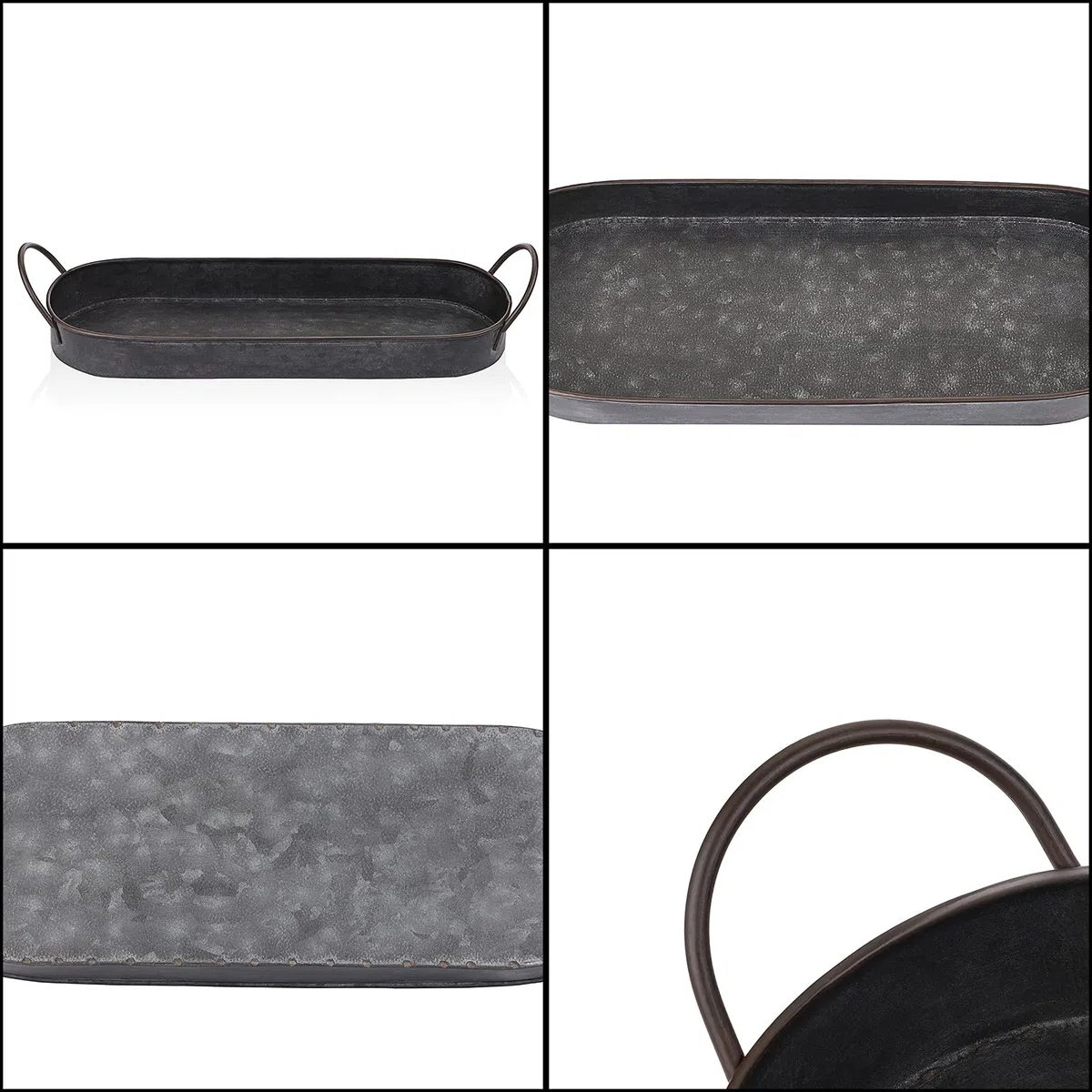 Hipiwe Industrie-Stil, Metall-Eisen-Tablett, verzinkt, Serviertablett für Couchtisch, Heimdekoration, Tafelaufsatz, rustikales Frühstücks-Serviertablett mit Griffen (oval)