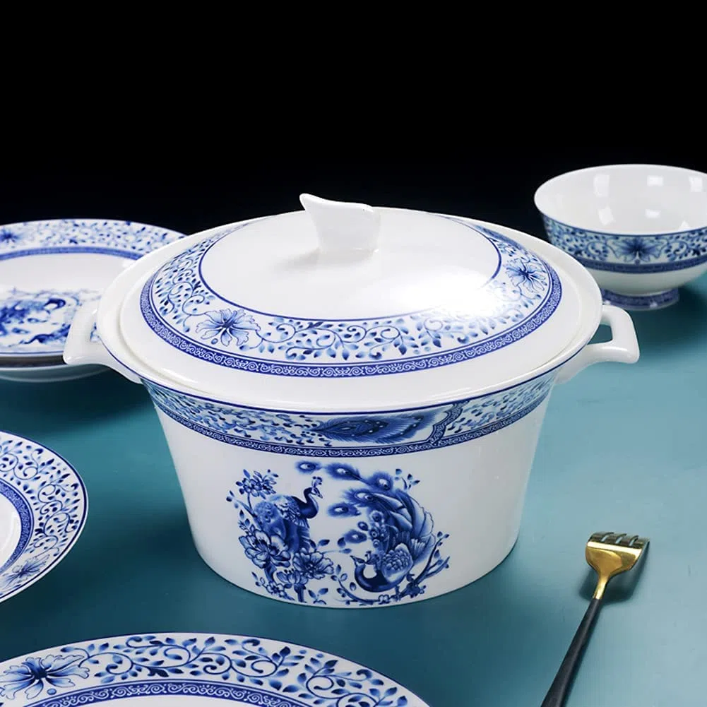 Traditionelles Chinesisches Geschirrset, 56-Teilig, Blau-Weißes Porzellan, Bestehend Aus Tellern, Schüsseln Und Untertassen, Für 6-10 Personen