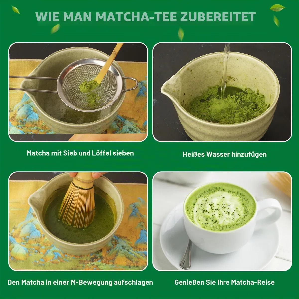 Matcha Set - Matcha Tea Set 7 Piece Matcha Besen Set, Matcha Zubehör - Matcha Set für Einsteiger - Stylisches Matchas Set Matcha-Besen,Matcha Filtersieb,Matcha-Schale, Chasen, Tuch und Matcha Löffel