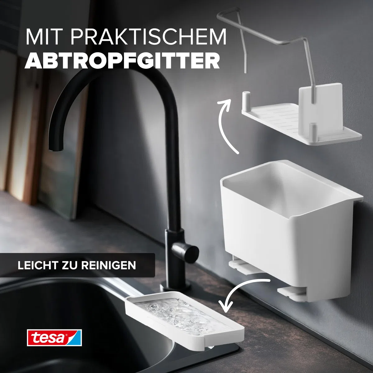 tesa Spülbecken-Organizer zum Kleben ohne Bohren – Schwammhalter Küche,Spülbürstenhalter & Spültuchhalter Spülbürste, Schwamm und Spüllappen - schmal – modernes Küchenzubehör Wandmontage – Weiß