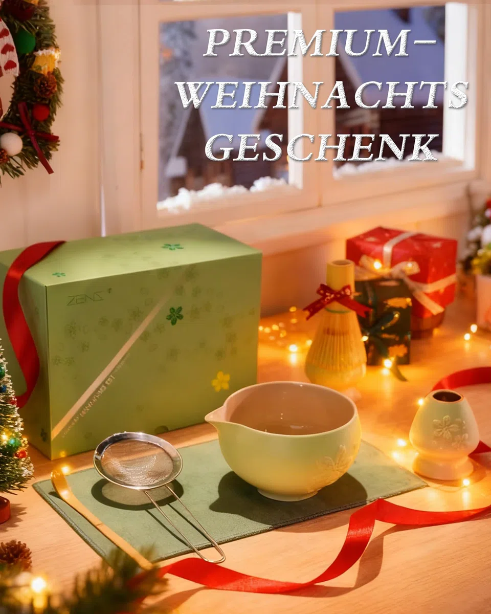 ZENS Matcha Set mit Matchabesen, Japanisches Matcha-Teeservice mit Matcha Schale, Besenhalter, Matcha-Pulversieb und Löffel & Teetuch, Geschenk für Matcha-Liebhaber, Grün
