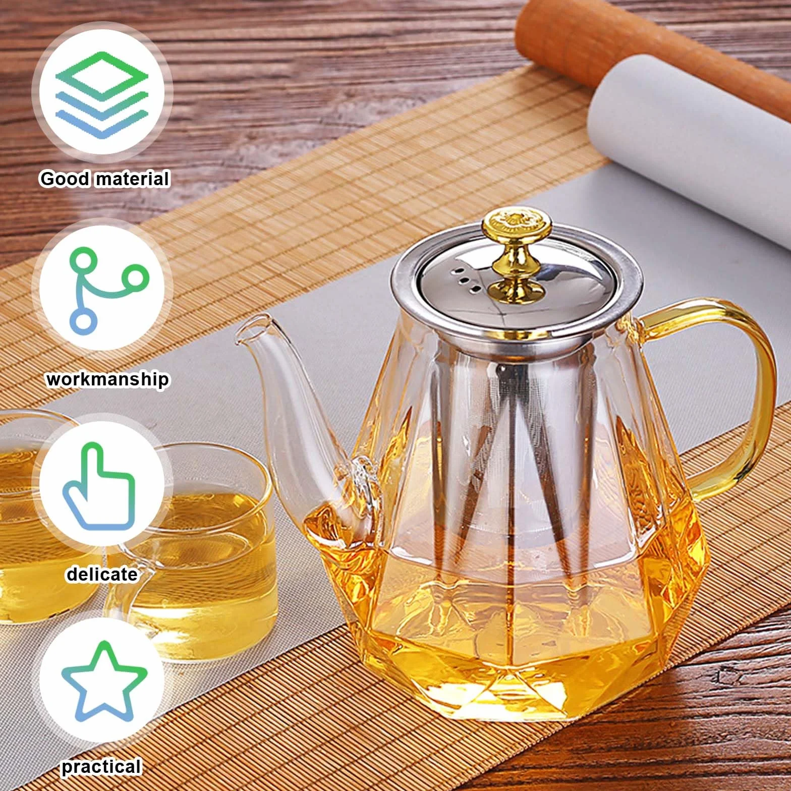 Teekanne Glas, 1L Teekanne mit Siebeinsatz, Borosilikatglas Teeservice Überhitzungsschutz, Tee-Ei für lose Blätter Teekanne, Glasteekanne zur Zubereitung von Tee, Blumentee, Kräutertee und Teebeuteln