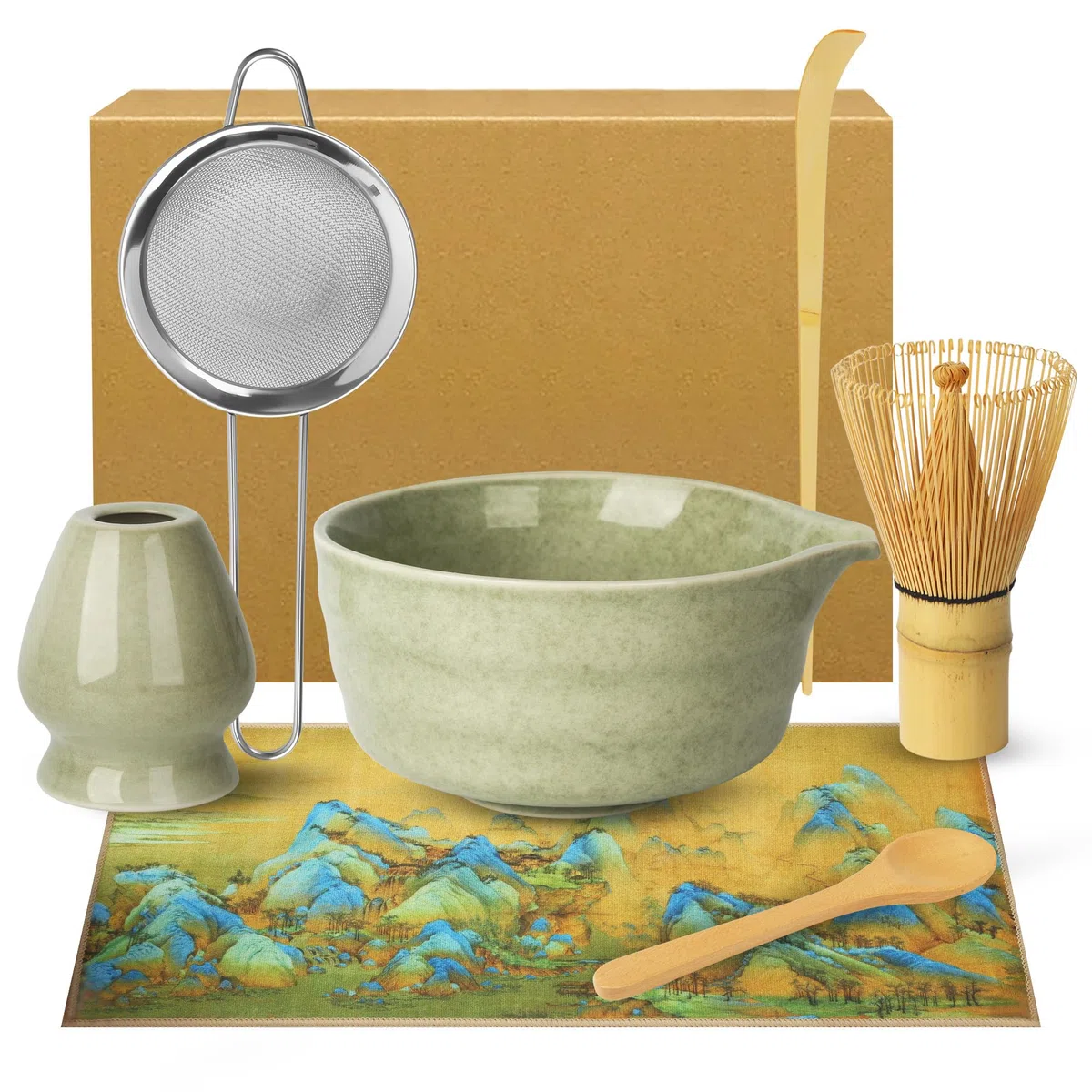 Matcha Set - Matcha Tea Set 7 Piece Matcha Besen Set, Matcha Zubehör - Matcha Set für Einsteiger - Stylisches Matchas Set Matcha-Besen,Matcha Filtersieb,Matcha-Schale, Chasen, Tuch und Matcha Löffel
