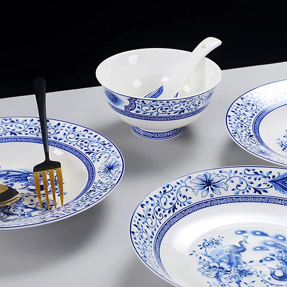 Traditionelles Chinesisches Geschirrset, 56-Teilig, Blau-Weißes Porzellan, Bestehend Aus Tellern, Schüsseln Und Untertassen, Für 6-10 Personen