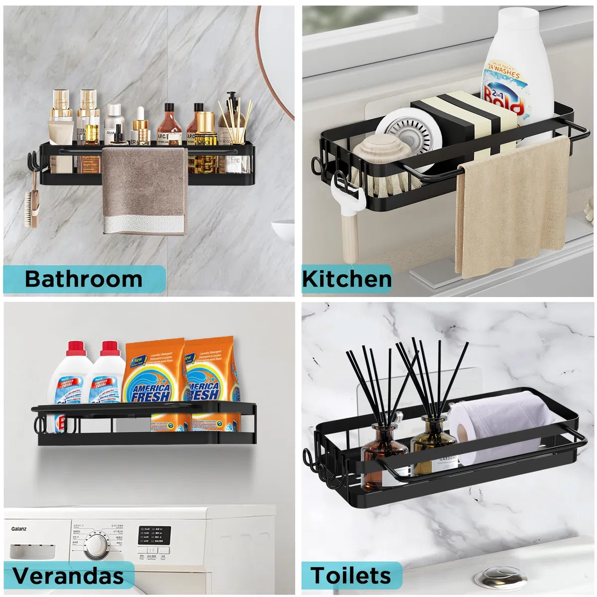 Spülbecken Organizer Küche Schwammhalter, Küchen Spüle Organizer mit Spültuchhalter und Zwei Haken, Metalle Hängender Kitchen Badezimmer Organizer Schwarz - ohne Bohren
