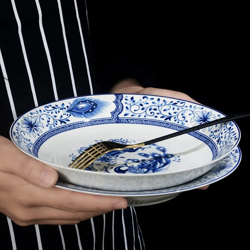 Traditionelles Chinesisches Geschirrset, 56-Teilig, Blau-Weißes Porzellan, Bestehend Aus Tellern, Schüsseln Und Untertassen, Für 6-10 Personen