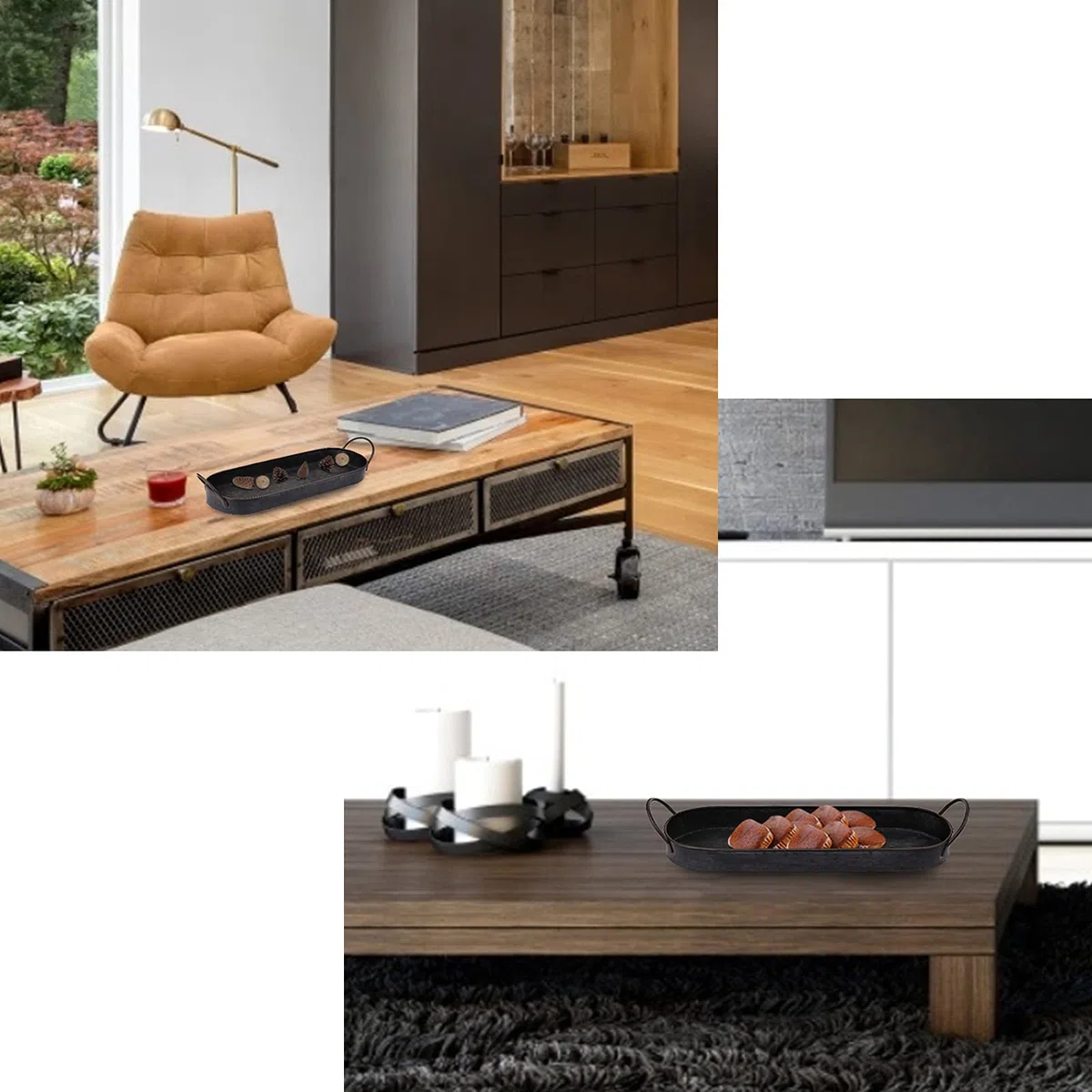 Hipiwe Industrie-Stil, Metall-Eisen-Tablett, verzinkt, Serviertablett für Couchtisch, Heimdekoration, Tafelaufsatz, rustikales Frühstücks-Serviertablett mit Griffen (oval)