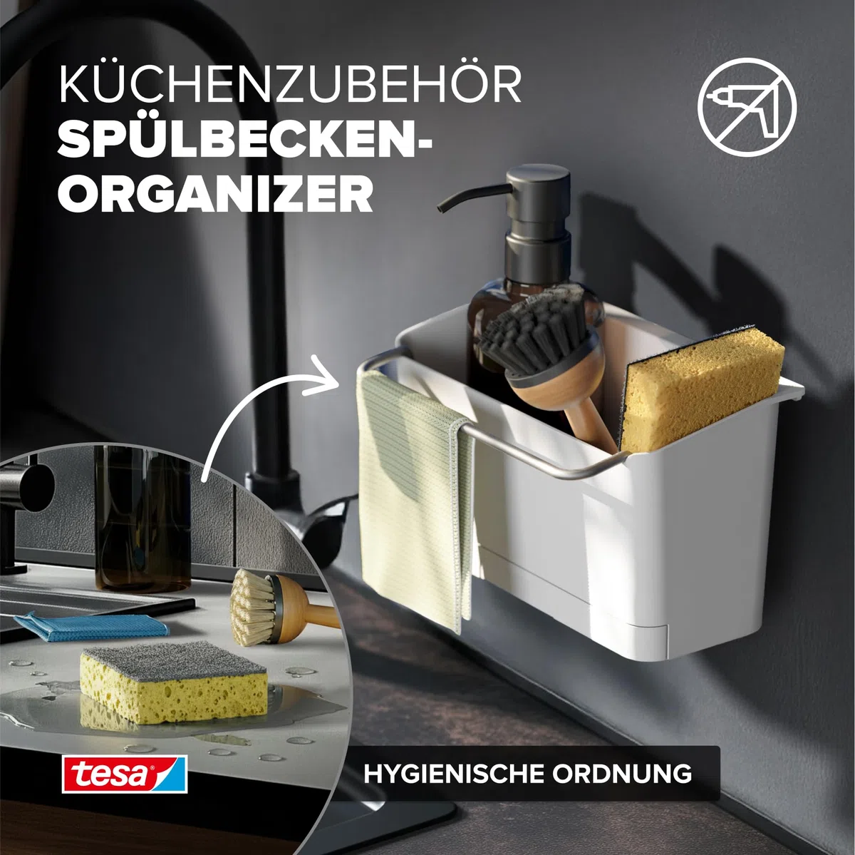 tesa Spülbecken-Organizer zum Kleben ohne Bohren – Schwammhalter Küche,Spülbürstenhalter & Spültuchhalter Spülbürste, Schwamm und Spüllappen - schmal – modernes Küchenzubehör Wandmontage – Weiß